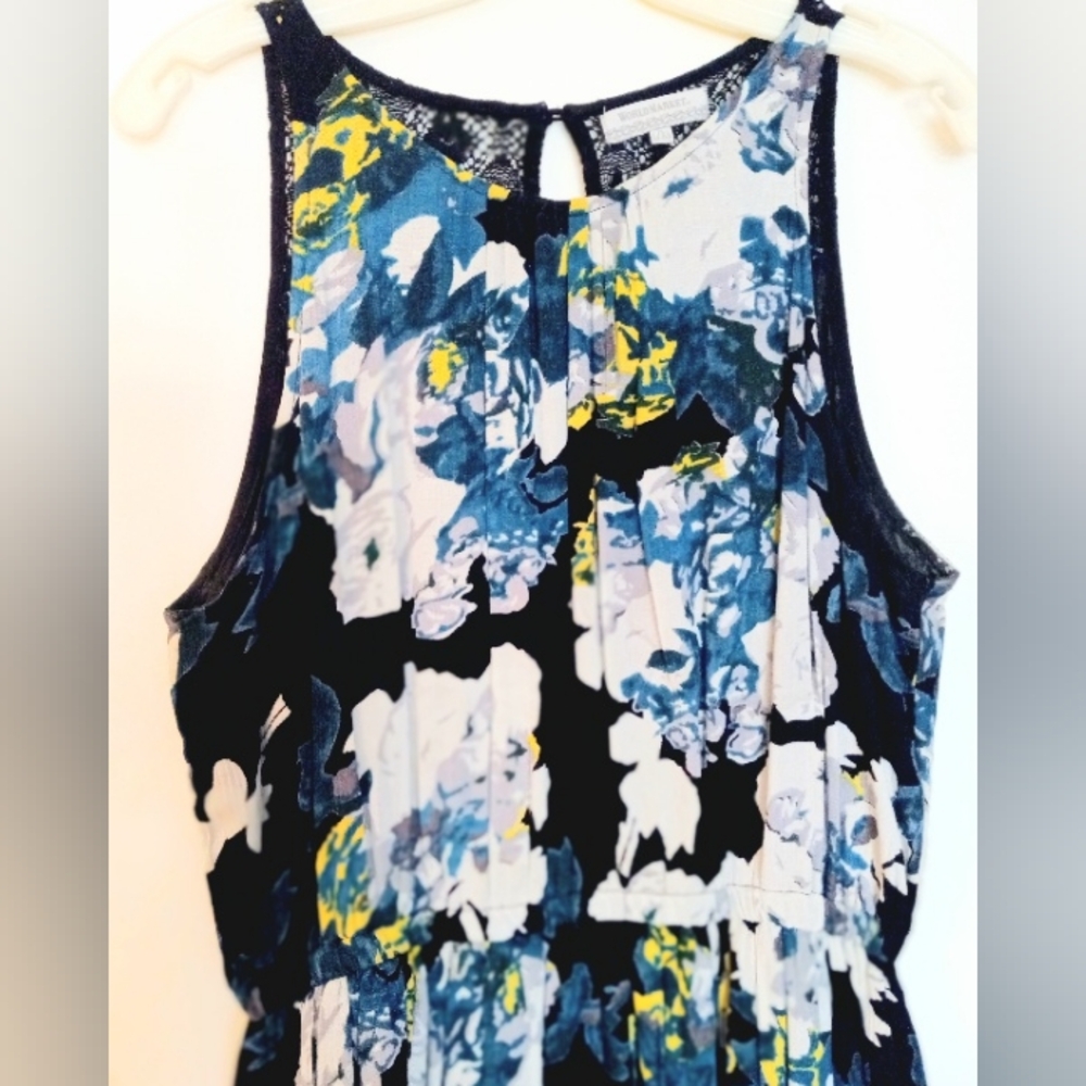 World Market Boho Floral Maxi Dress in Yellow, White & Blue, Black Lace L/XL
